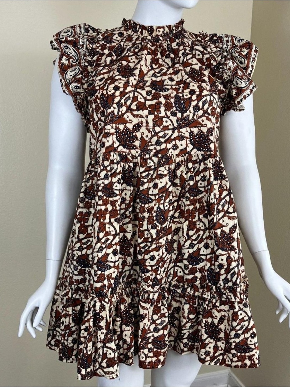 House of Harlow 1969 nicole Ritchie collab brown black cream ruffled mini dress